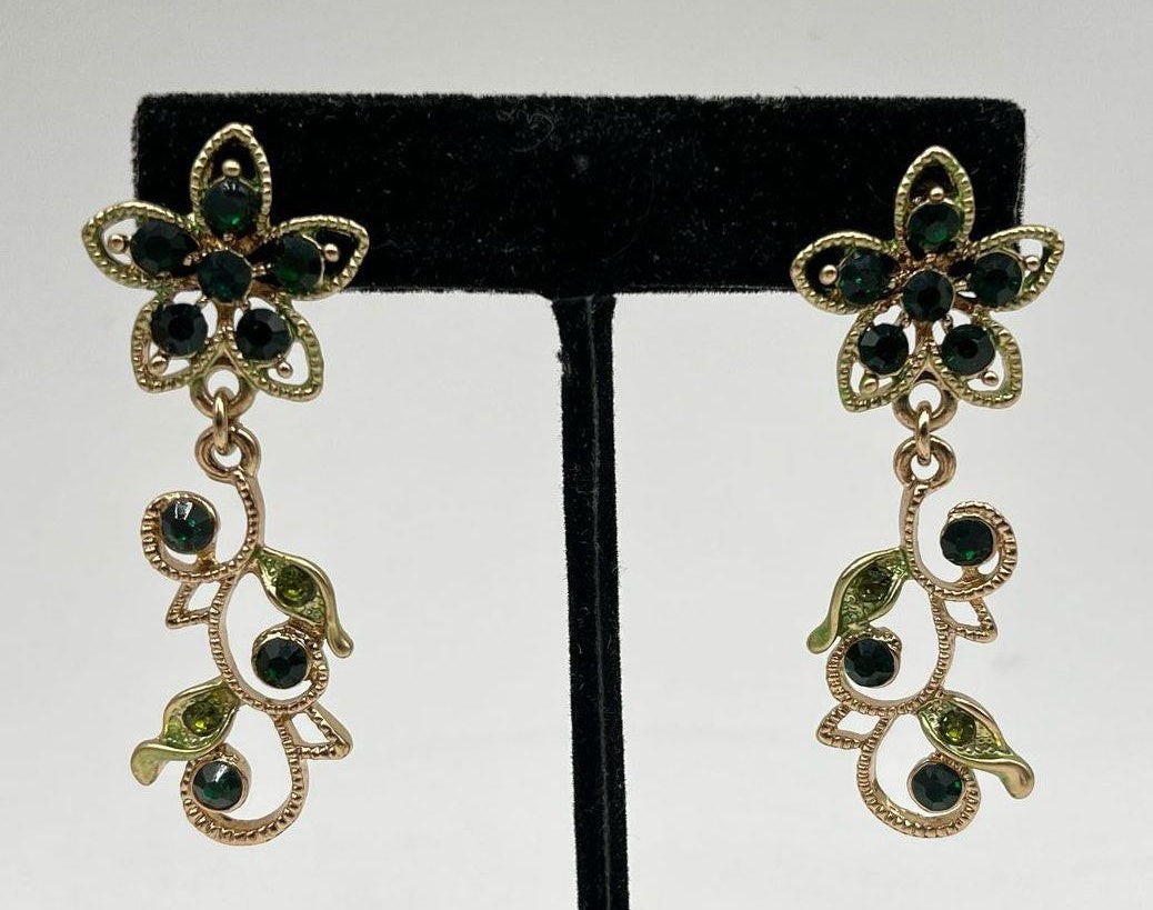 Vintage Green Rhinestone Gold Tone Butterfly Floral Necklace and Earring Set