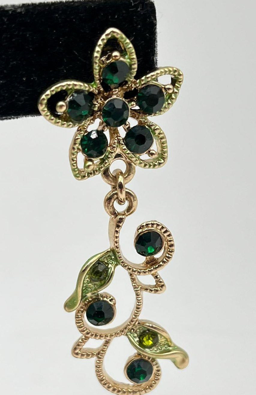 Vintage Green Rhinestone Gold Tone Butterfly Floral Necklace and Earring Set