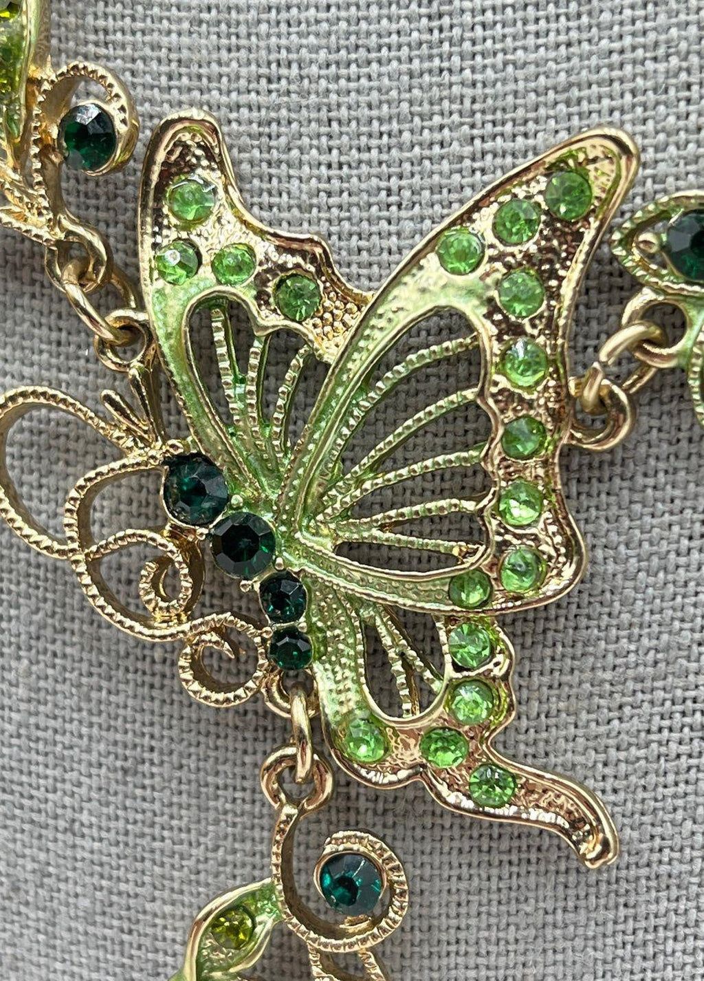 Vintage Green Rhinestone Gold Tone Butterfly Floral Necklace and Earring Set