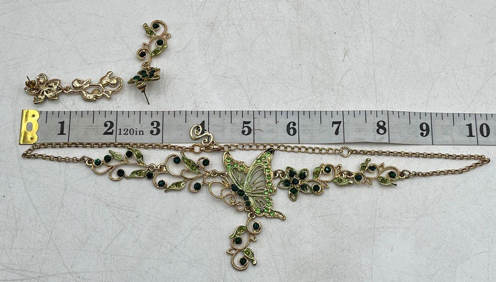 Vintage Green Rhinestone Gold Tone Butterfly Floral Necklace and Earring Set