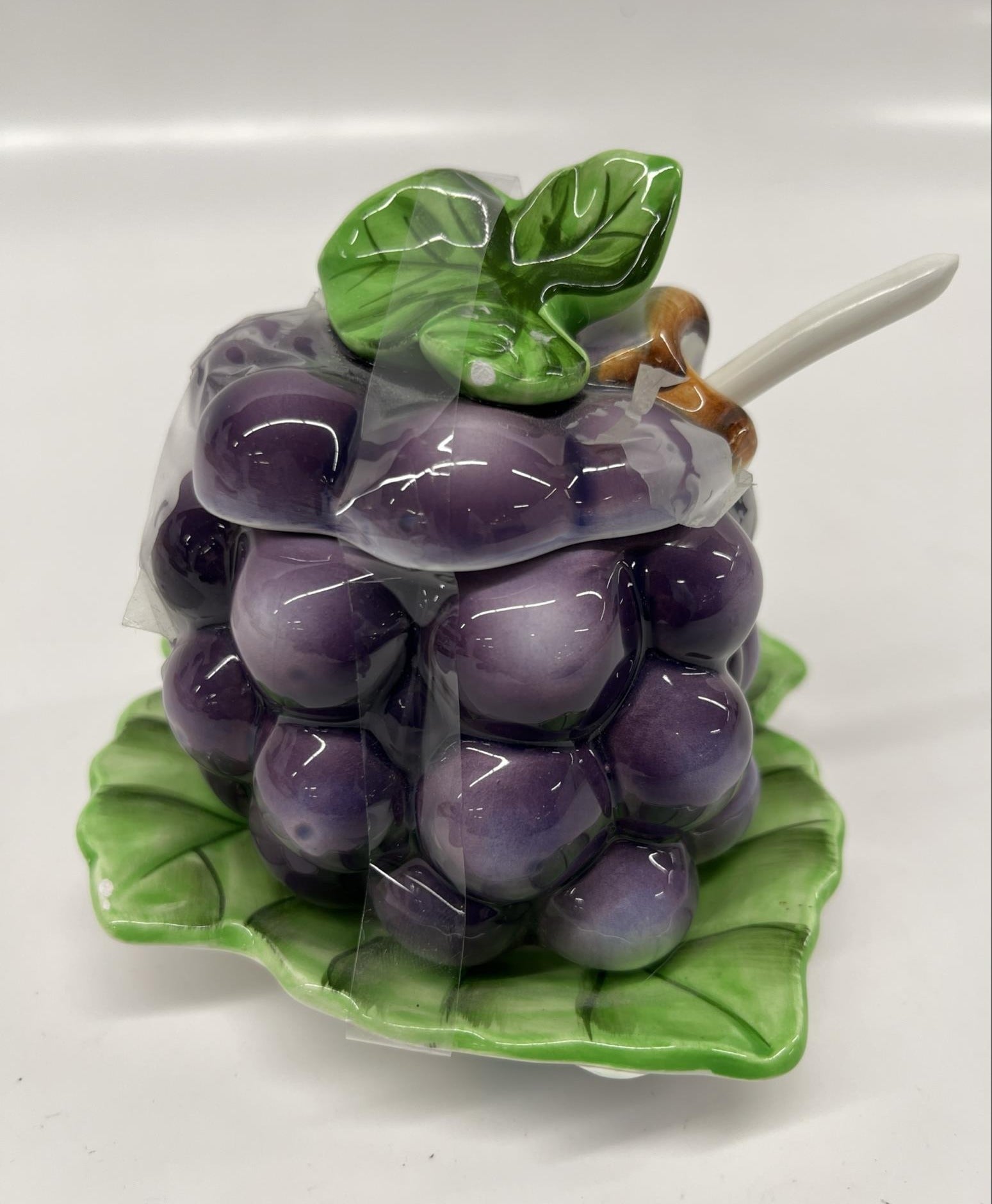 Vintage Lefton Grape-Shaped Ceramic Jam Jar with Spoon and Lid