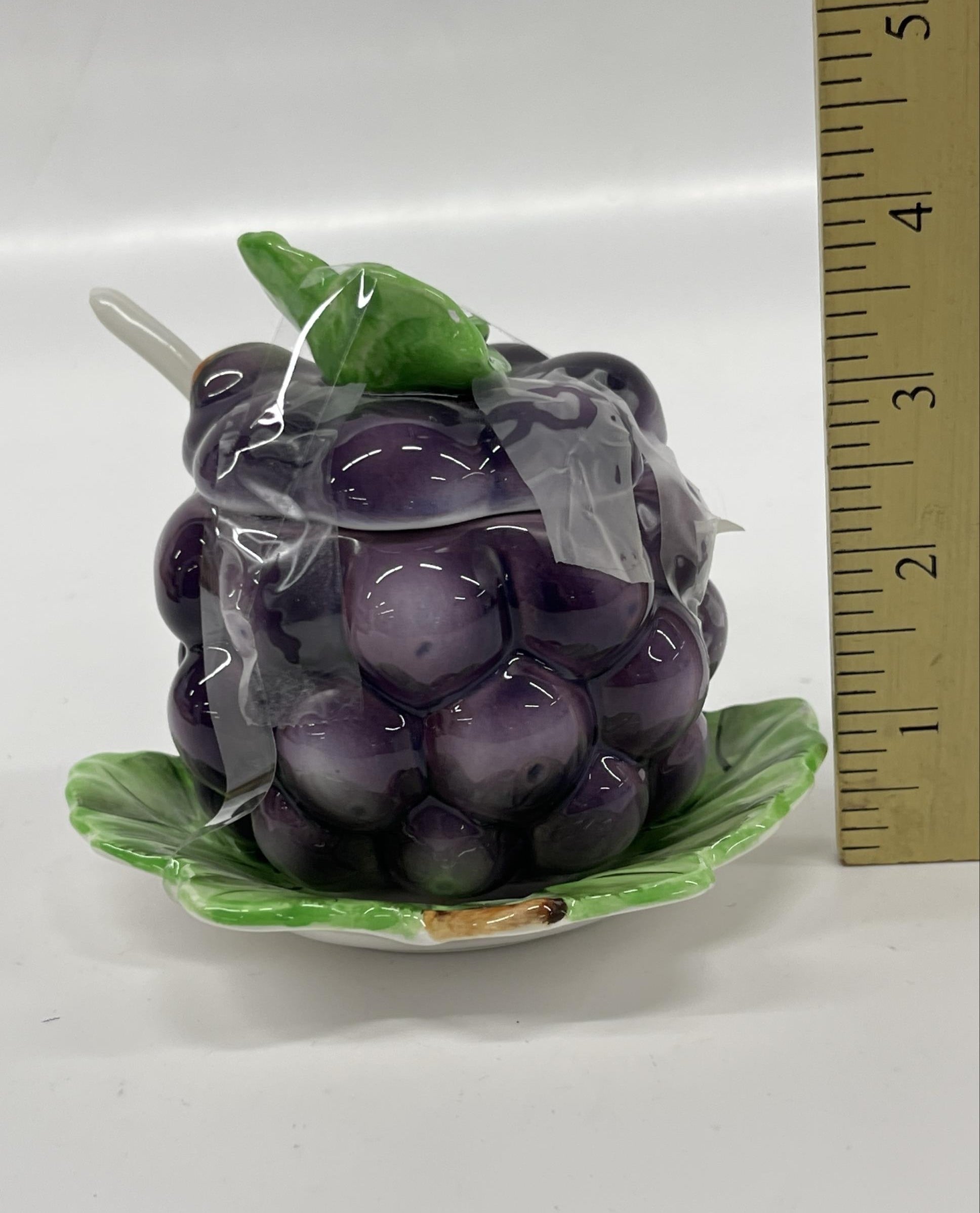 Vintage Lefton Grape-Shaped Ceramic Jam Jar with Spoon and Lid