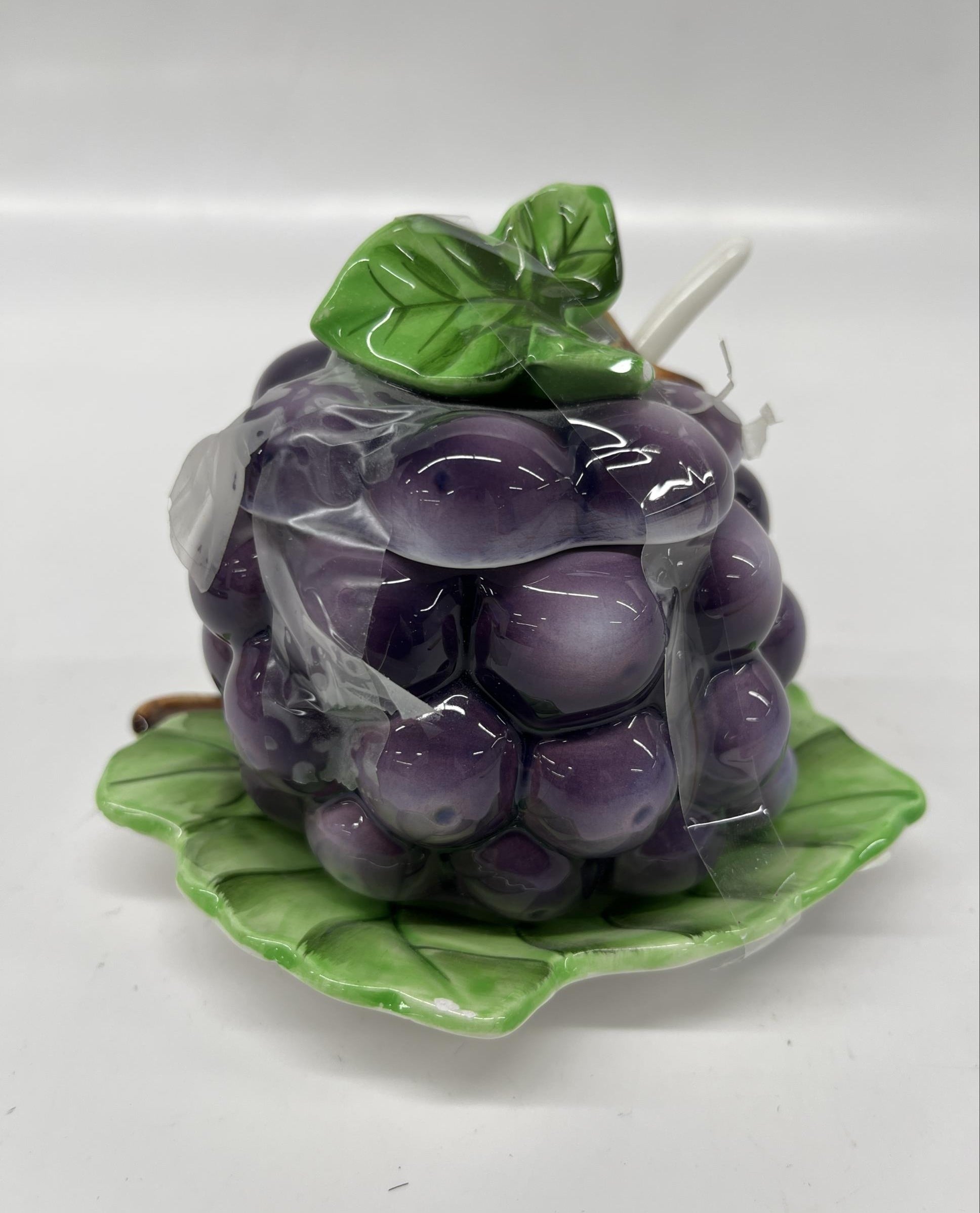 Vintage Lefton Grape-Shaped Ceramic Jam Jar with Spoon and Lid