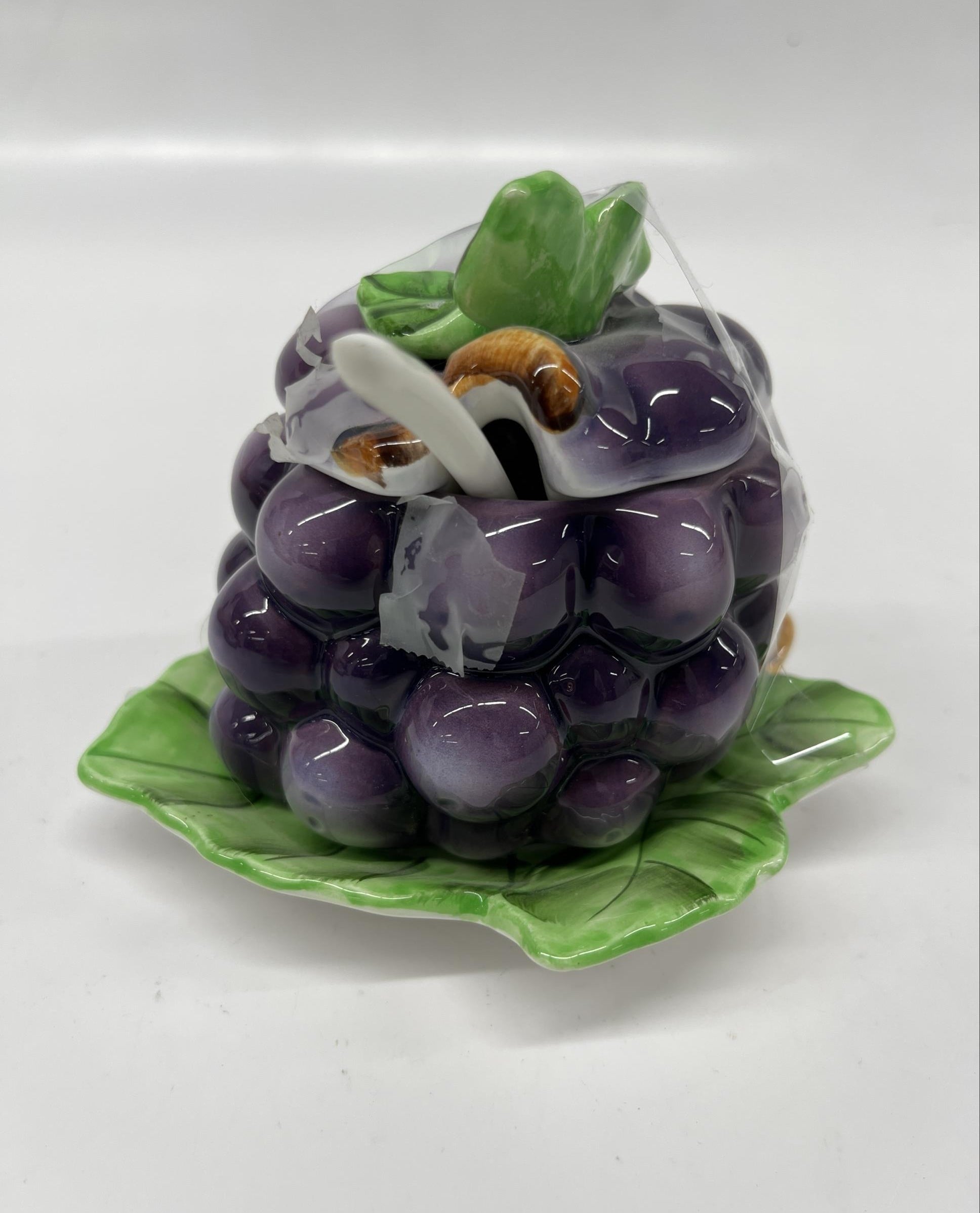 Vintage Lefton Grape-Shaped Ceramic Jam Jar with Spoon and Lid