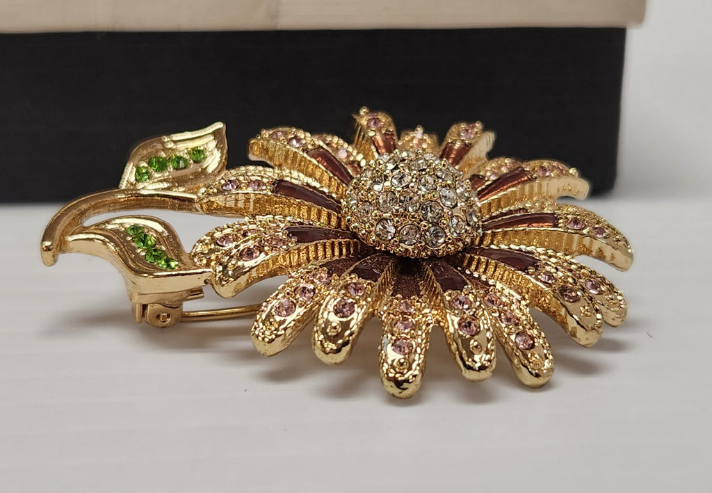 Vintage Napier Flower Brooch Pink Rhinestones Green Leaves Gold-Tone 2.5