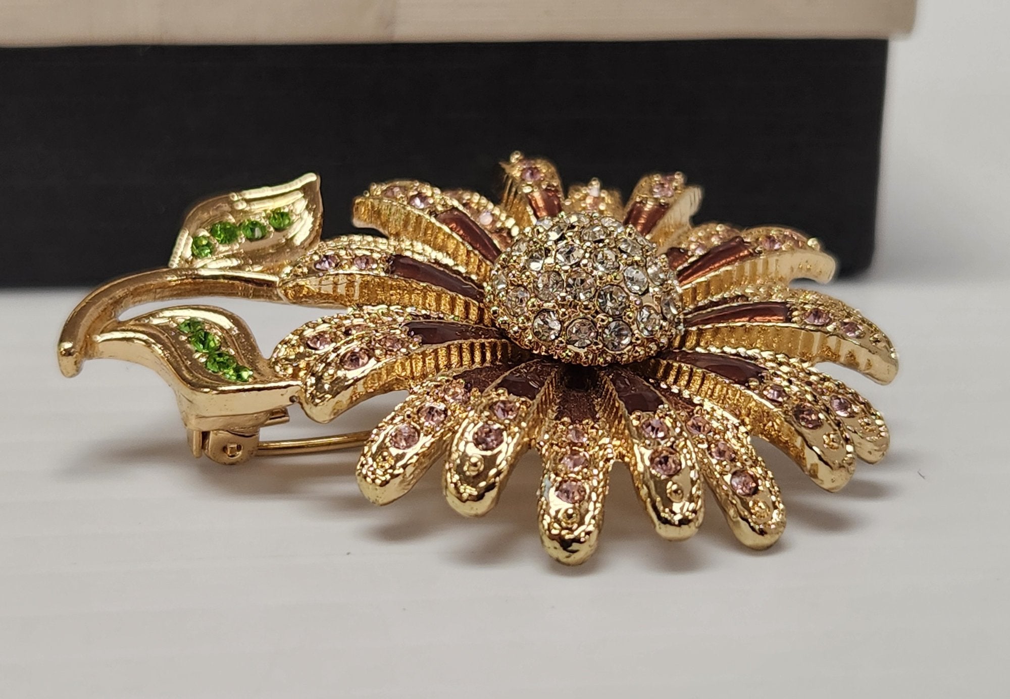 Vintage Napier Flower Brooch Pink Rhinestones Green Leaves Gold-Tone 2.5