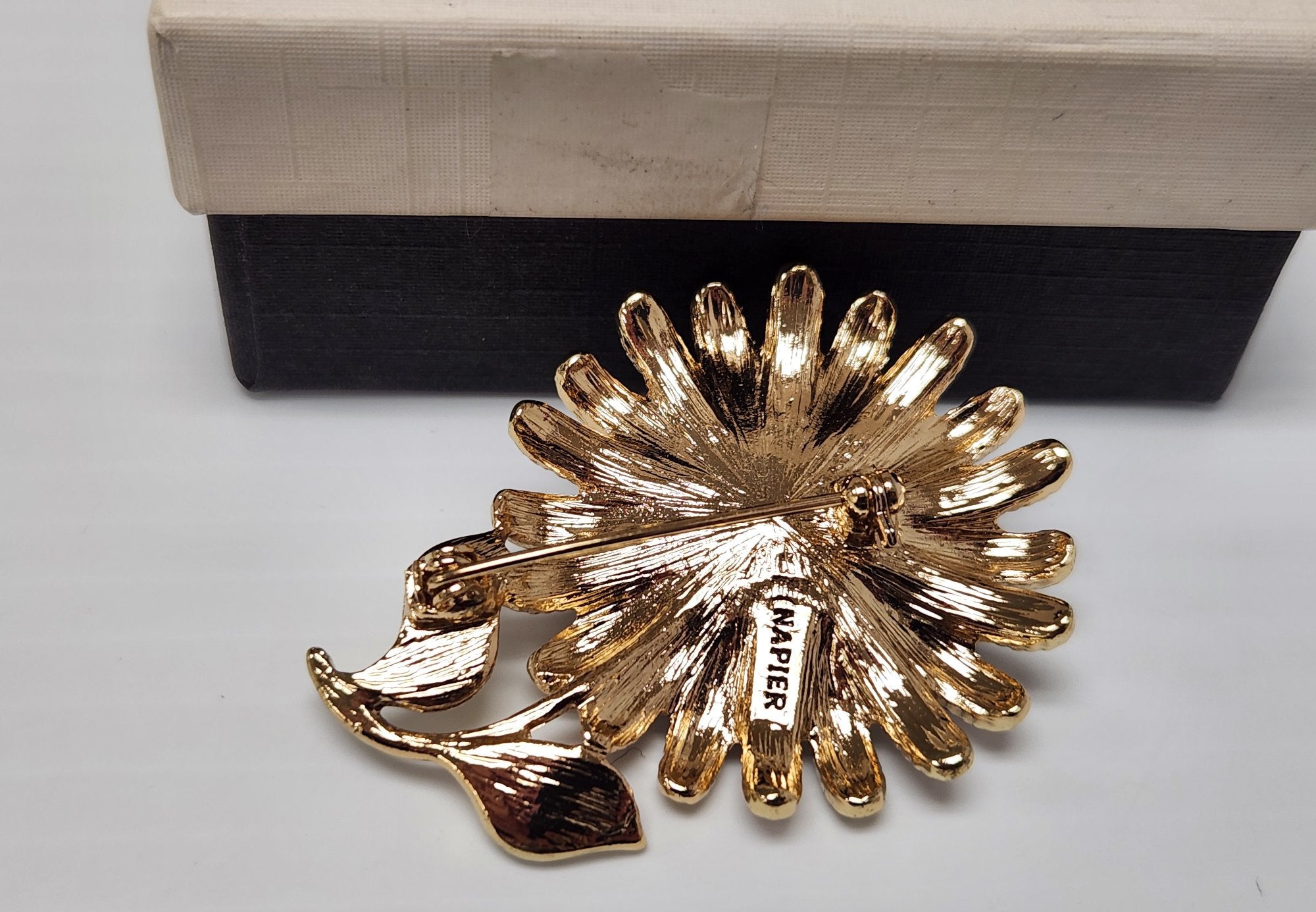 Vintage Napier Flower Brooch Pink Rhinestones Green Leaves Gold-Tone 2.5