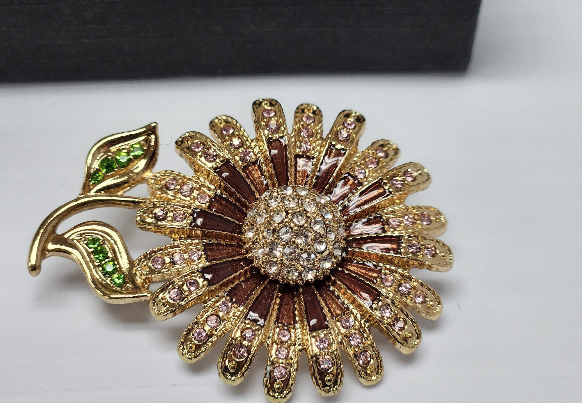 Vintage Napier Flower Brooch Pink Rhinestones Green Leaves Gold-Tone 2.5