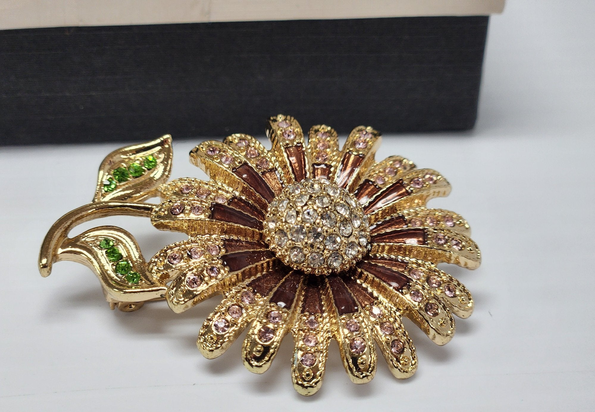 Vintage Napier Flower Brooch Pink Rhinestones Green Leaves Gold-Tone 2.5