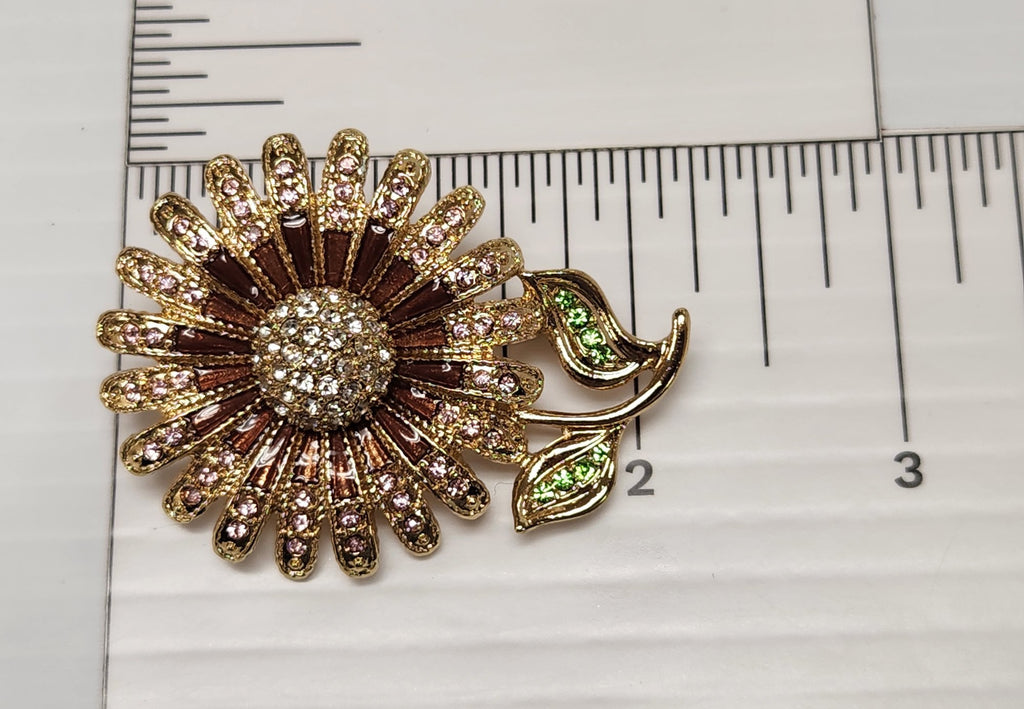 Vintage Napier Flower Brooch Pink Rhinestones Green Leaves Gold-Tone 2.5