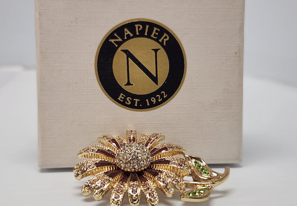 Vintage Napier Flower Brooch Pink Rhinestones Green Leaves Gold-Tone 2.5