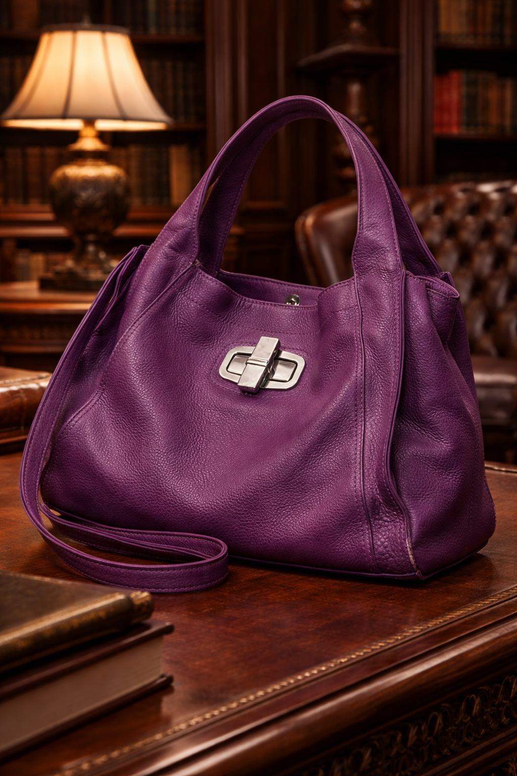 B Makowsky Purple Pebbled Leather Shoulder Bag Turn Lock Leopard Lined Hobo Purse
