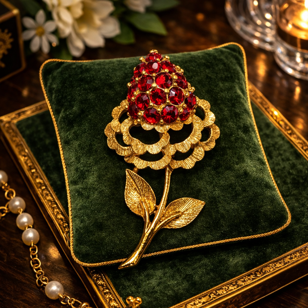 Vintage Red Rhinestone Flower Brooch | Brushed Gold Tone Floral Statement Pin