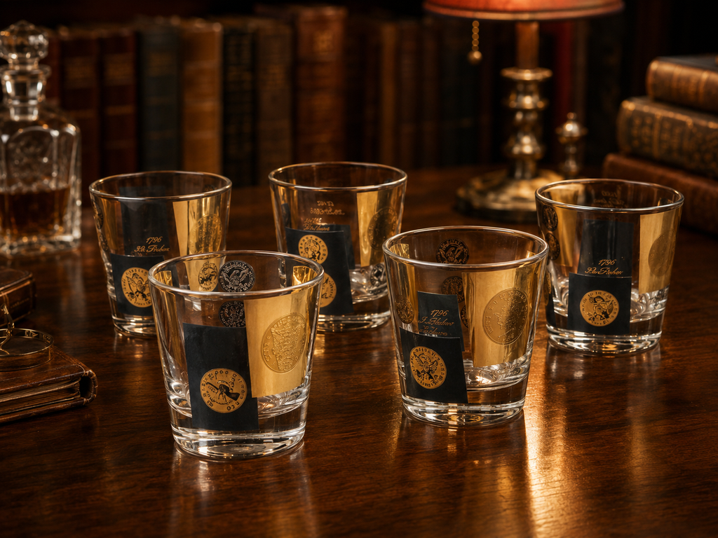 1960s Set of 6 Coin Barware Glasses with Gold & Black Designs