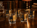 1960s Set of 6 Coin Barware Glasses with Gold & Black Designs