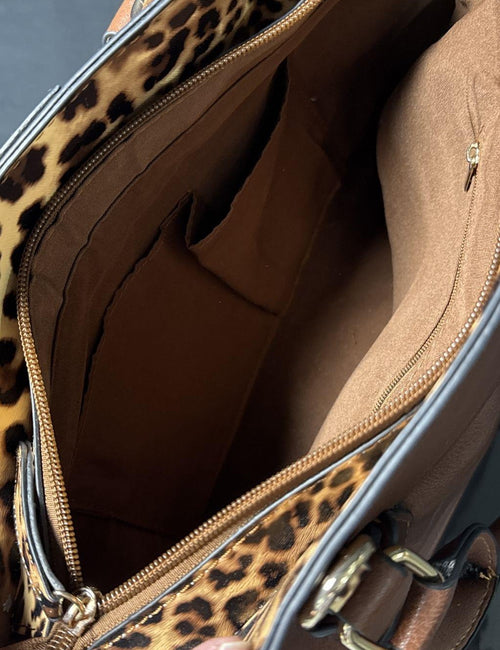 Chestnut Brown Satchel Handbag with Leopard Interior, Concealed Carry Style Shoulder Purse