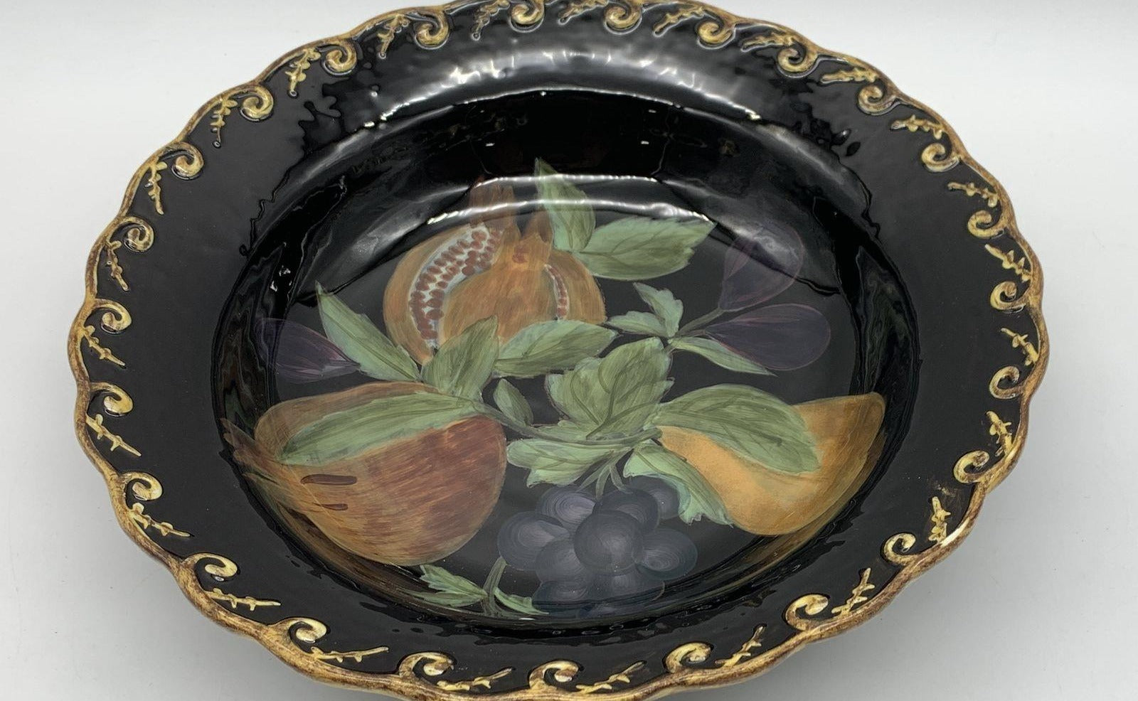 Raymond Waites Pompeii Black Fruit Motif Ceramic Serving Bowl 13.75 TLC