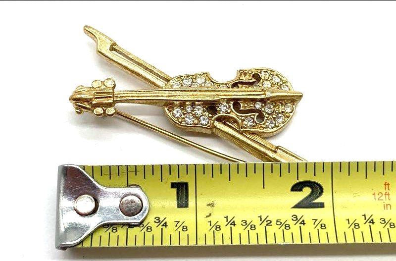Trifari Vintage Gold Tone & Crystal Rhinestone Violin Brooch Pin For Repair