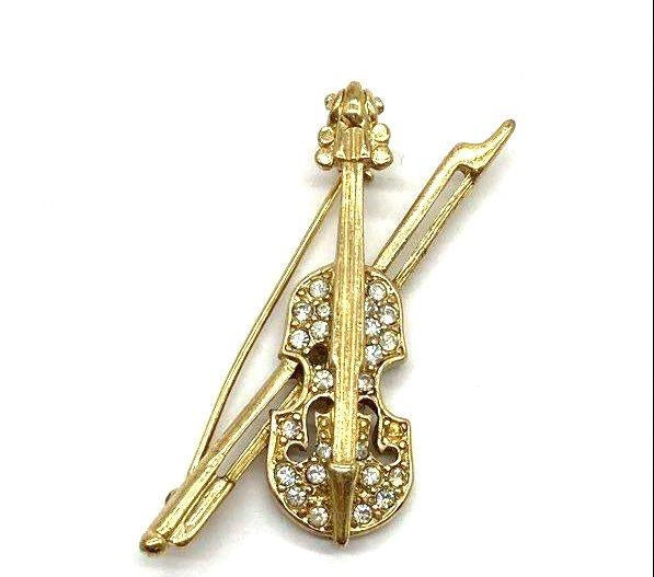 Trifari Vintage Gold Tone & Crystal Rhinestone Violin Brooch Pin For Repair