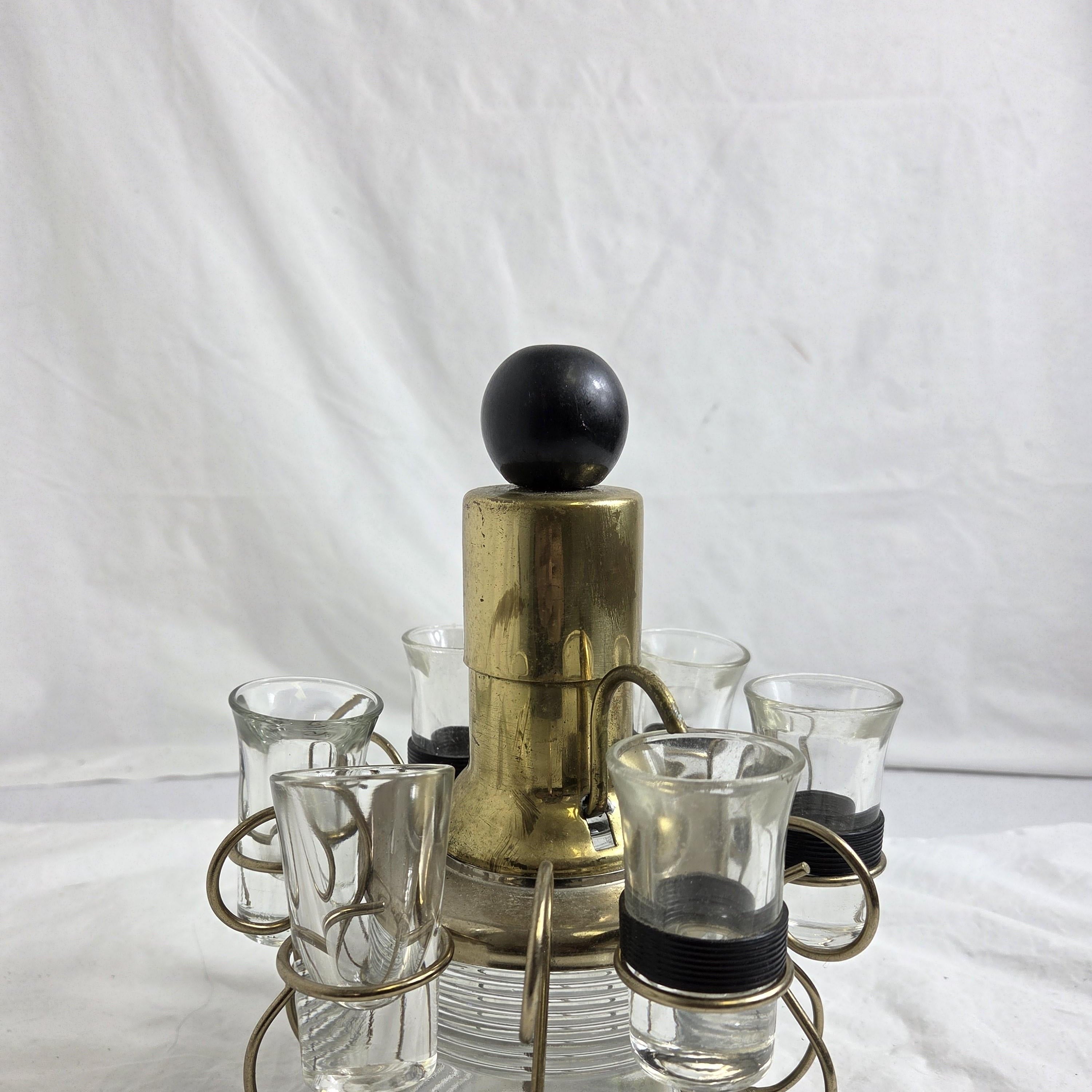 Vintage Glass Decanter Set with Shot Glass Holder, Barware Carousel Server