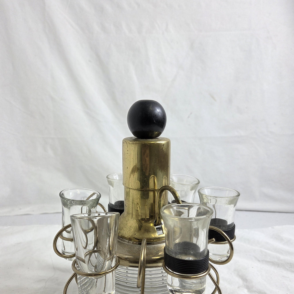 Vintage Glass Decanter Set with Shot Glass Holder, Barware Carousel Server