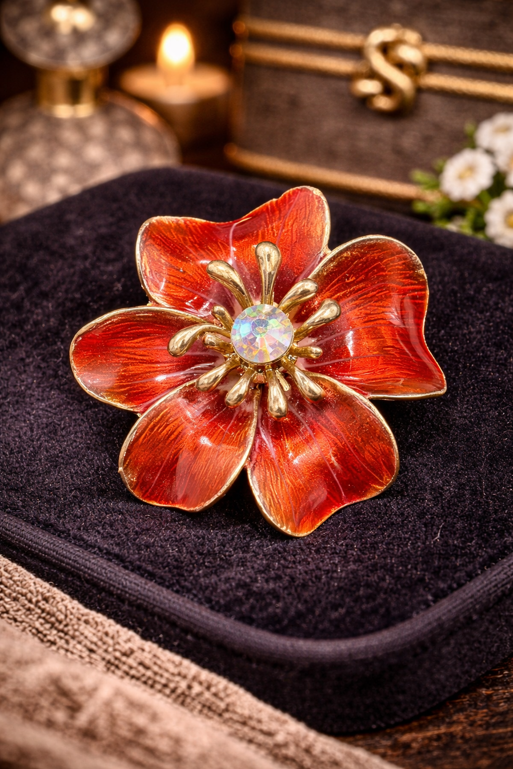 Large Red Enamel Flower Brooch Aurora Borealis Crystal Center Gold Tone Floral Pin Statement