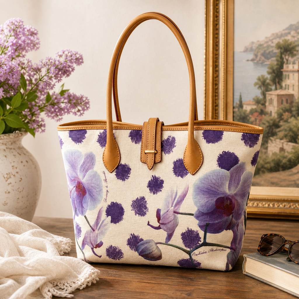 (SOLD) Dooney & Bourke Floral Canvas Tote with Tan Leather Trim Purple Orchid Print