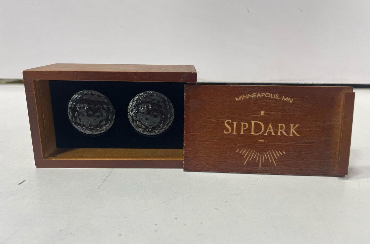 SipDark Golf Ball Style Glass Whiskey Chilling Stones 2pc Set with Wood Box