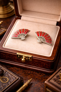 Vintage Siam Sterling Silver Red Enamel Fan Clip Earrings Thai Niello Folding Fan Design