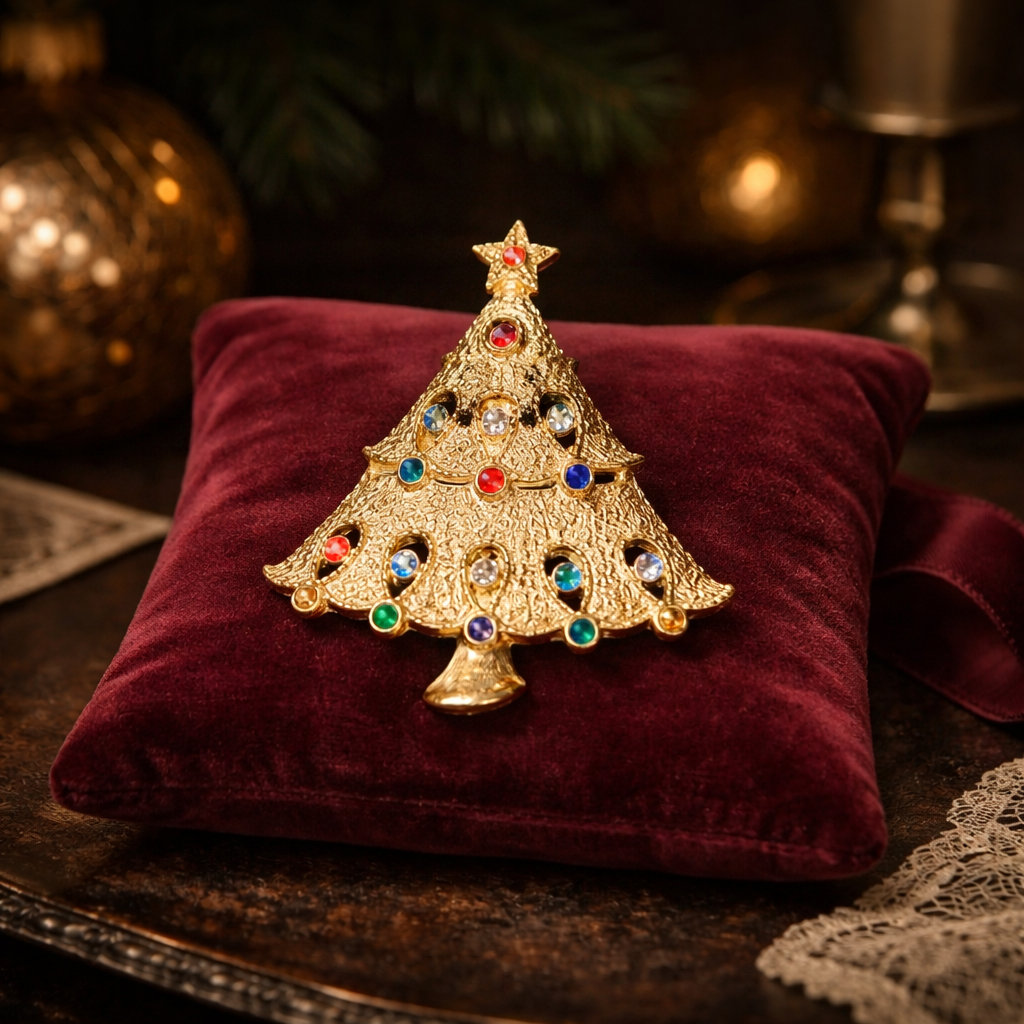 Vintage Signed JJ Gold Tone Christmas Tree Brooch | Multicolor Rhinestone Holiday Pin