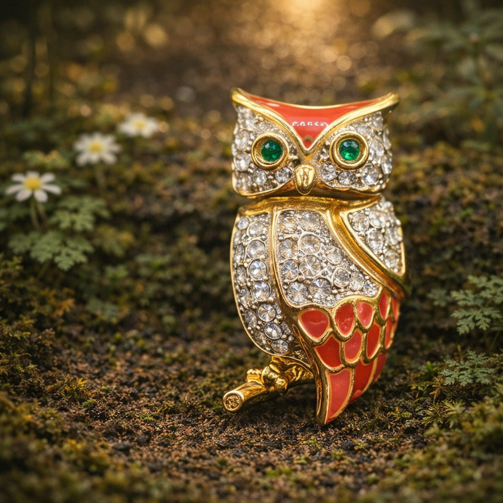 Gold Tone Red Enamel Owl Brooch With Clear Rhinestones And Green Eyes