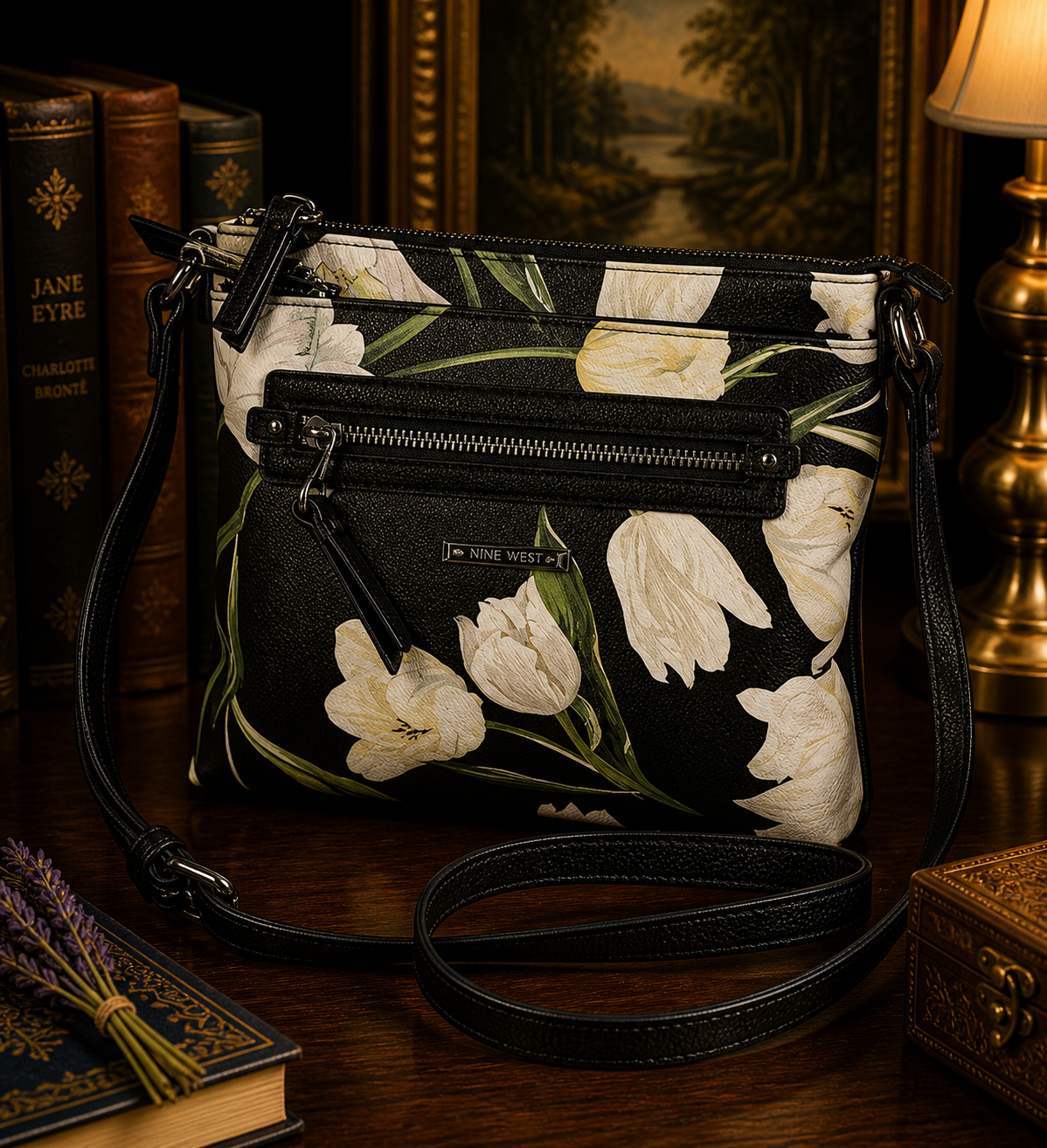 Buchman Black and White Floral Crossbody Bag with Adjustable Strap