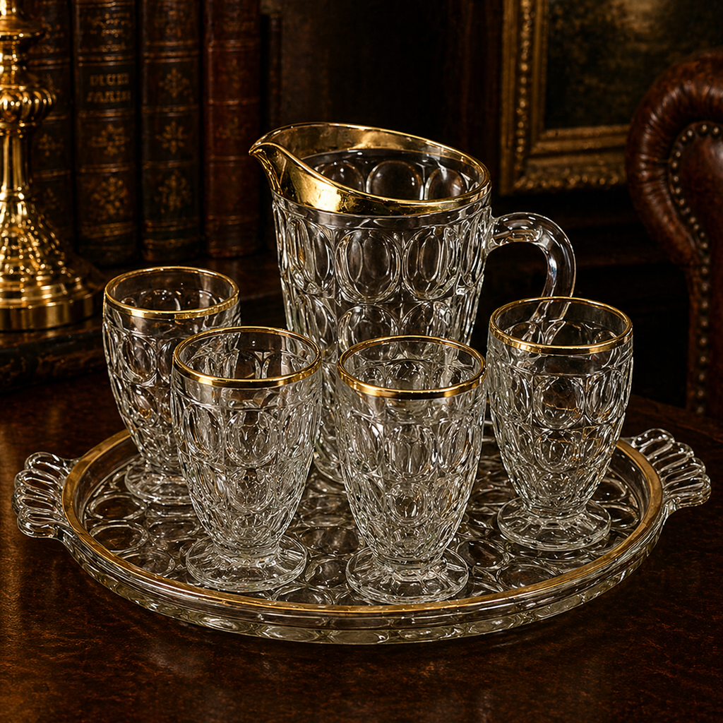 Jeannette Thumbprint Glass Beverage Set Gold Rim Pitcher Glasses Tray Vintage