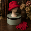 Vintage Red Felt Hat and Glove Set with Hat Box | Matching Mid-Century Style Winter Accessory Set