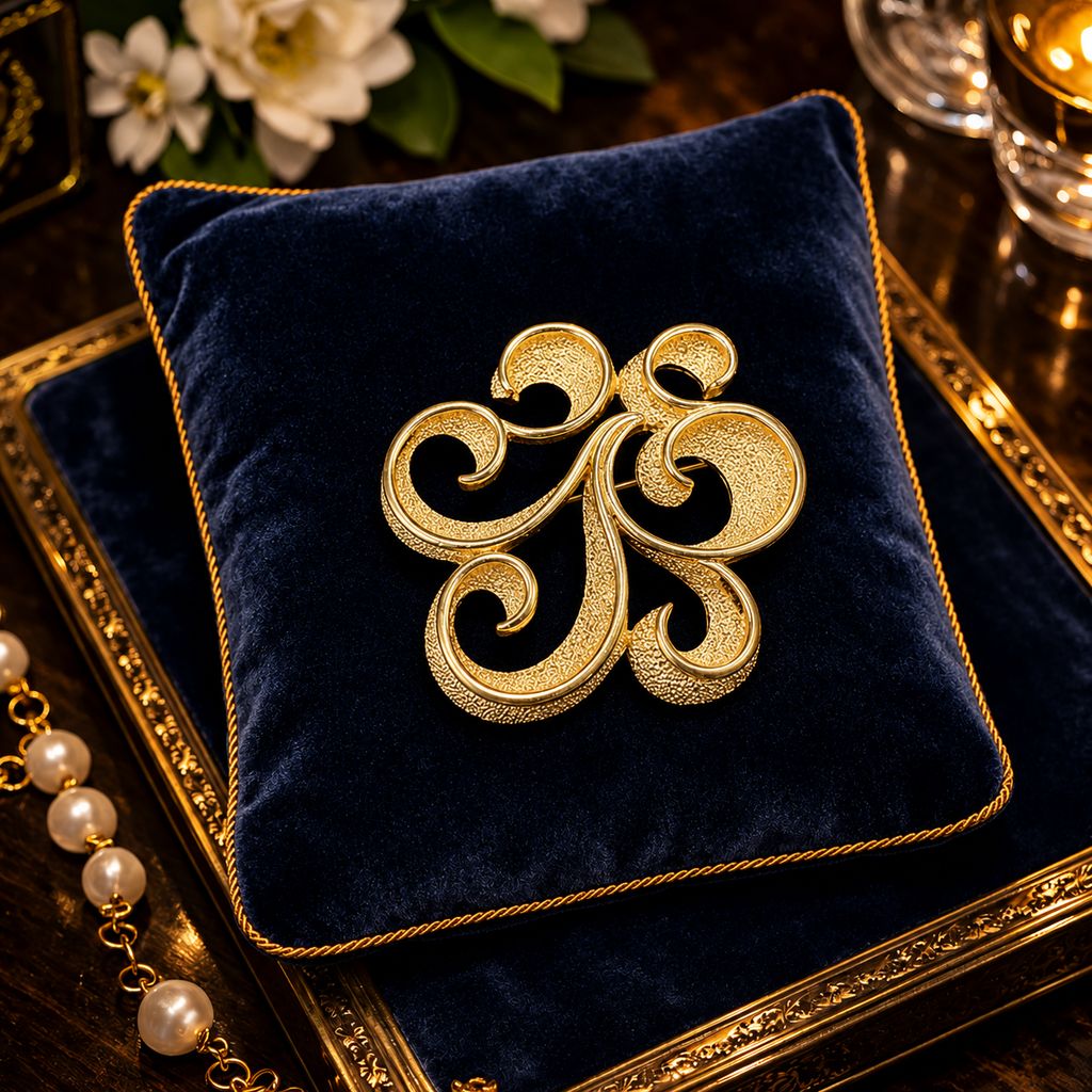 Trifari Gold Tone Scroll Brooch | Vintage Openwork Designer Pin