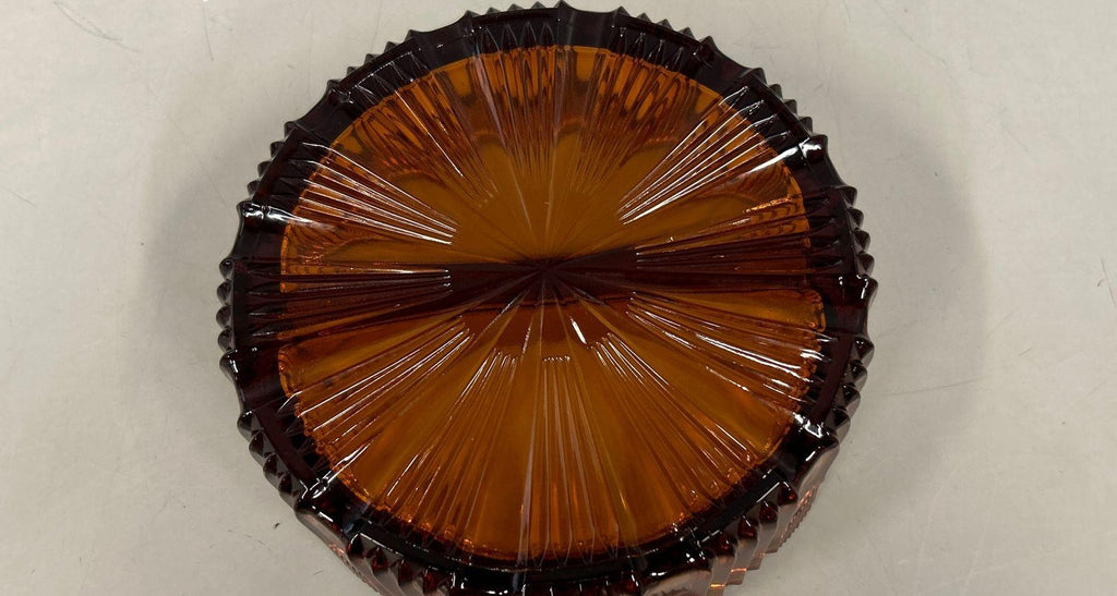 Pressed Glass Amber Ribbed Sunburst Divided Candy Dish Pineapple Finial 6 In