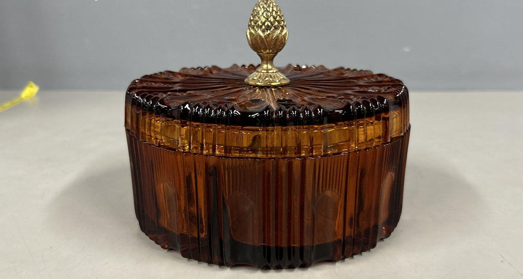 Pressed Glass Amber Ribbed Sunburst Divided Candy Dish Pineapple Finial 6 In