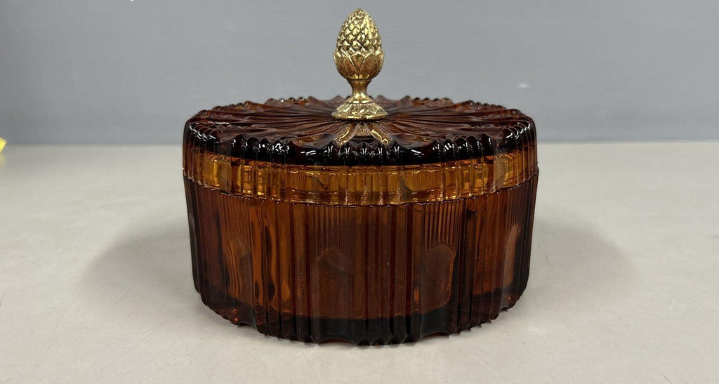 Pressed Glass Amber Ribbed Sunburst Divided Candy Dish Pineapple Finial 6 In