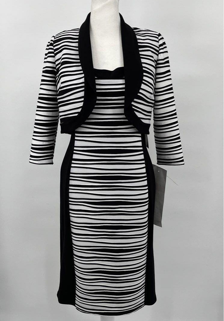 RM Richards Women's Black & White Striped Sleeveless Jacket Dress Set Size 14P