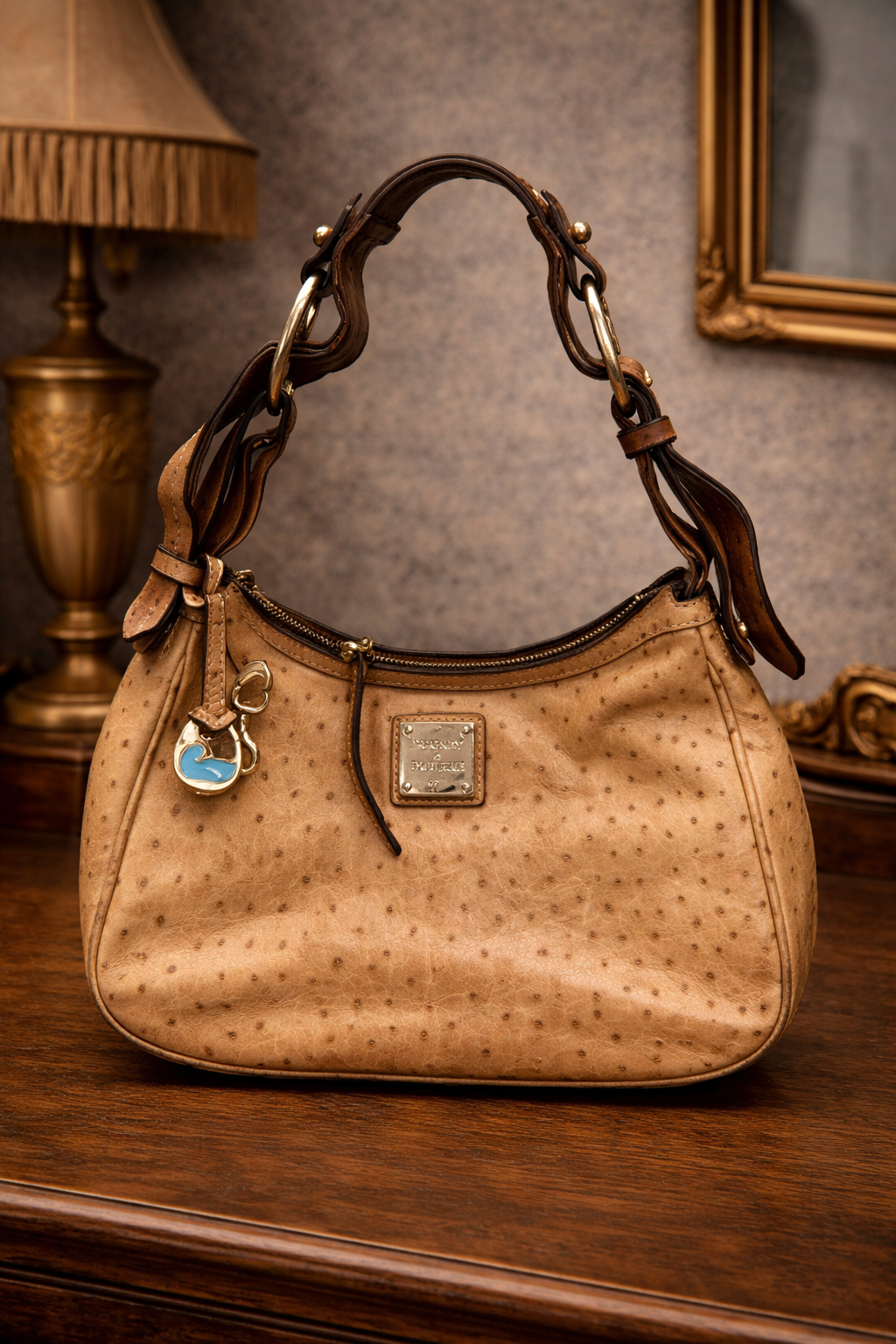Dooney & Bourke Tan Ostrich Embossed Leather Hobo Bag Slouchy Shoulder Purse with Duck Charm