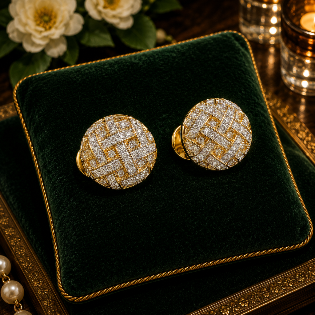 Swarovski Gold Tone Crystal Basketweave Clip Earrings | Signed Designer Statement Earrings