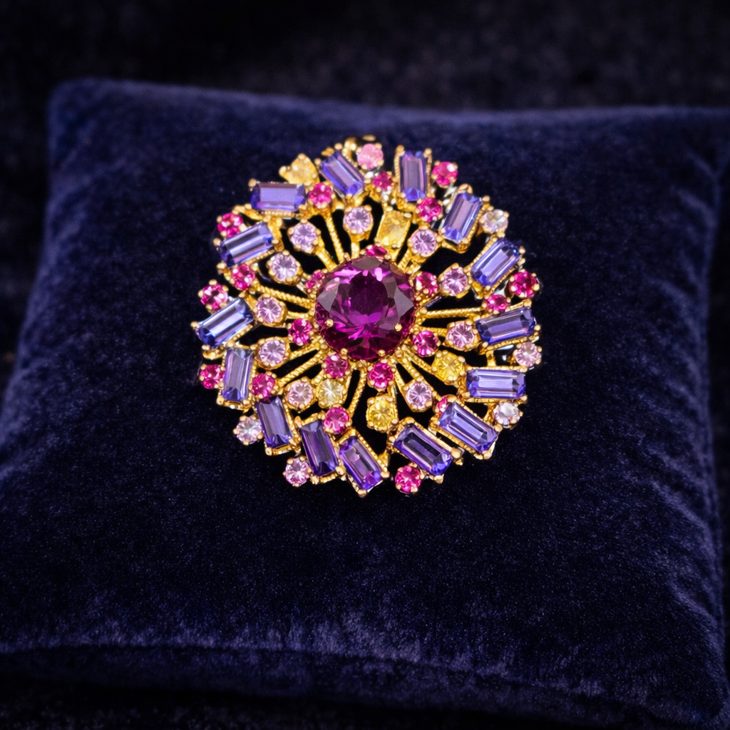 Vintage Austria Signed Gold Tone Rhinestone Brooch with Pink and Lavender Baguette Stones