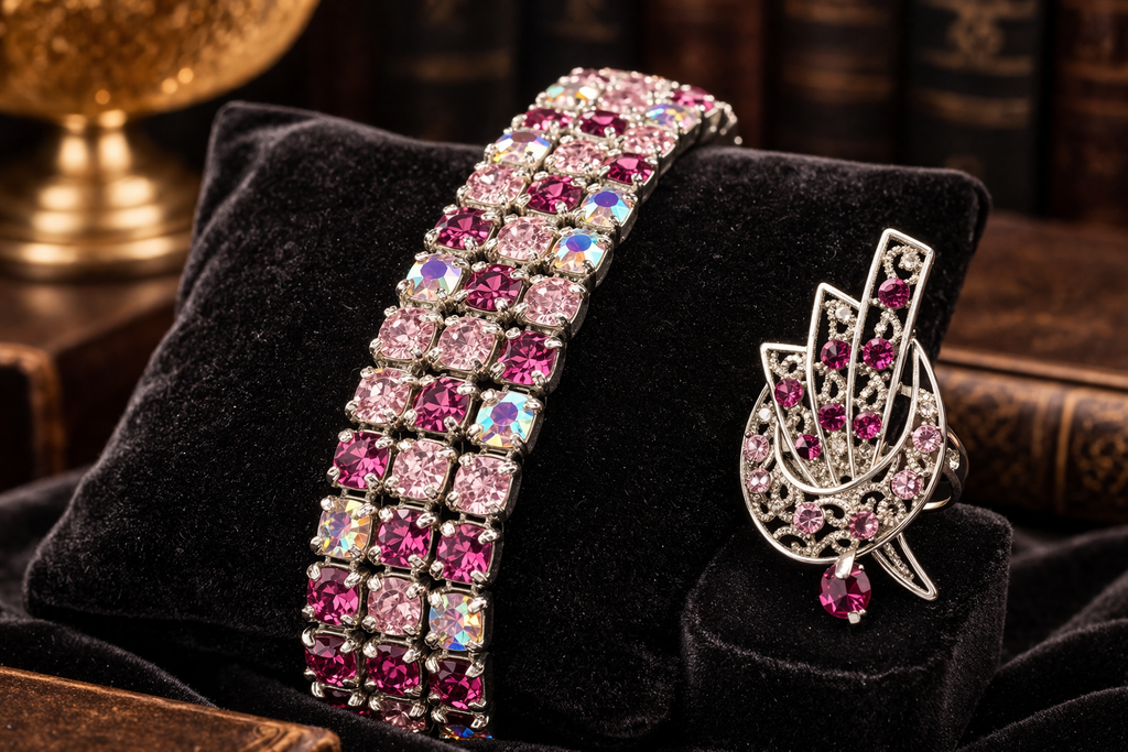 Vintage Pink Rhinestone Bracelet & Ring Set – Wide Art Deco Style Crystal Expansion Bracelet Size 7 Statement Ring