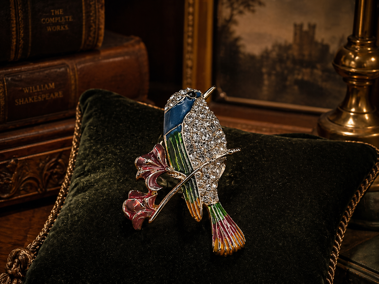 Anne Klein Crystal Bird Brooch Gold Tone Multicolor Enamel Pin With Original Box