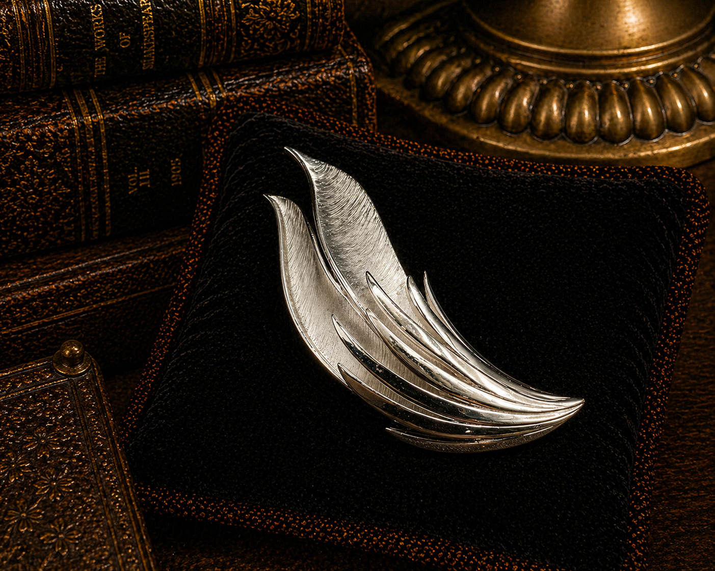 Crown Trifari silver tone feather leaf brooch