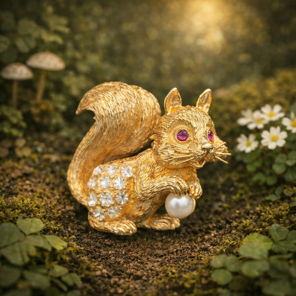 Gold tone squirrel brooch with rhinestone acorns and faux pearl detail