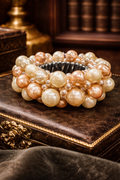Faux Pearl Cluster Bracelet Champagne Ivory Beaded Stretch Statement Bracelet Bold Textured Bubble Jewelry