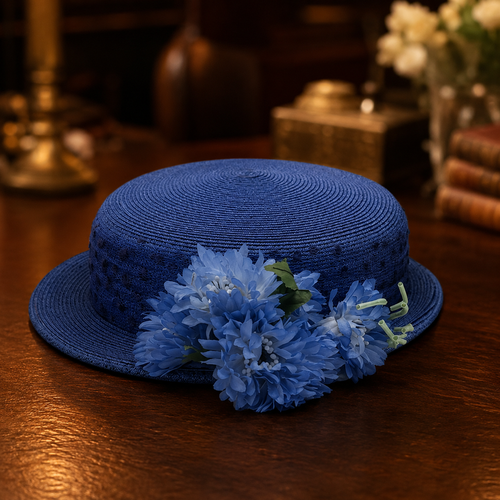 Vintage Blue Straw Breton Hat with Floral Trim | Retro Garden Party Statement Hat
