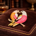 Vintage Gold Tone Enamel Lovebird Brooch Double Bird Pin Pink Orange Rhinestone Accent