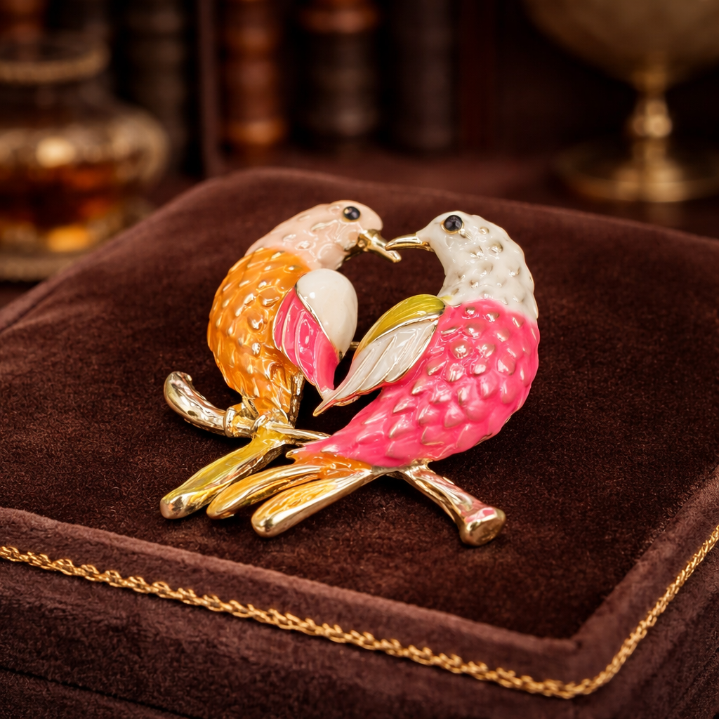 Vintage Gold Tone Enamel Lovebird Brooch Double Bird Pin Pink Orange Rhinestone Accent